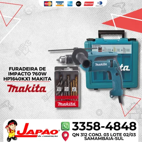 Furadeira de Impacto 1/2" 760W com Maleta e Kit de Brocas Makita HP1640KX1