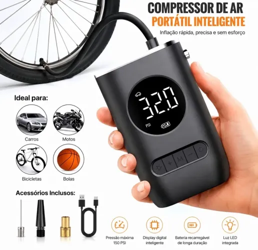 Mini Compressor de Ar Portatil Recarregavél Digital USB Calibrador Pneu Envio Imediato