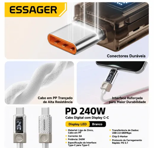 Cabo Essager Usb C 240w Pd 3.1 Display Digital Preto