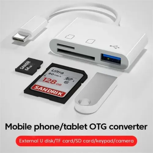 Adaptador 3 em 1 Tipo-C, Leitor de Cartão de Memória TF SD, Conector OTG 