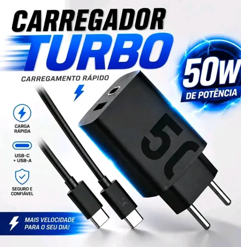 Carregador Turbo 50W Tipo C Lehmox USB-C + USB-A com Cabo | Carga Rápida QC 3.0 + PD