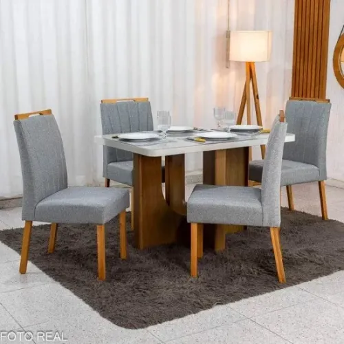 Mesa de Jantar Flower 120x80 C/4 Cadeiras em Linho MDF rf28 S