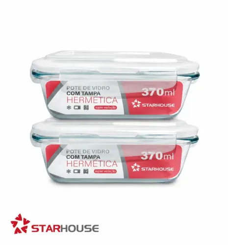 Kit 2 Potes Hermético Vidro Marmita Micro-ondas 370ml