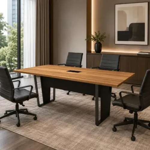 2 Mesas de Reunião F5 Office 2m Nogal c/ Caixa de Tomadas - Juntas 4m