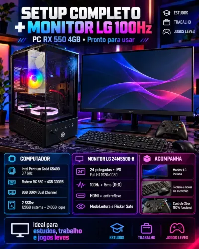 PC Completo + Monitor LG 24? IPS 100Hz + RX 550 4GB + Controle Xbox