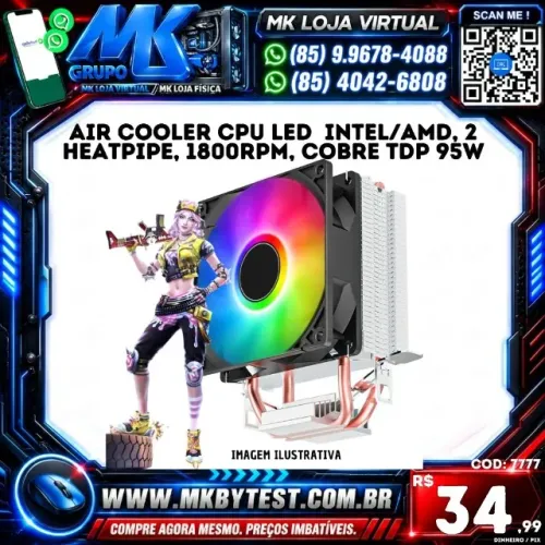 Air Cooler CPU LED Rainbow, Intel/AMD, 2 Heatpipe, 1800RPM, Cobre TDP 95W