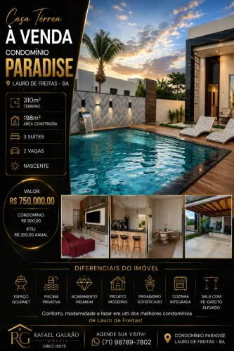 Paradise residence CASA TÉRREA DE ALTO PADRÃO | CONDOMÍNIO PARADISE - LAURO DE FREITAS