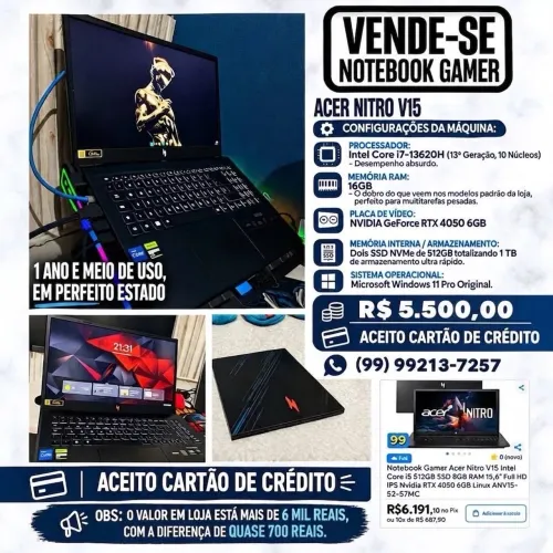 ACER NITRO V15, i7 de 13º GERAÇÃO, RTX 4050 de 6GB