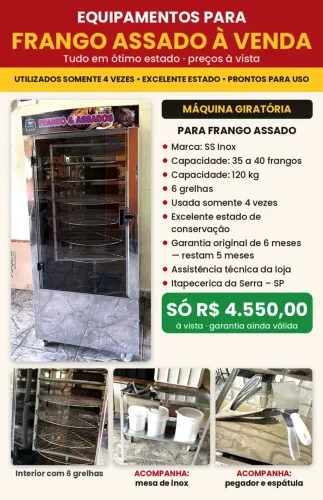 Máquina Giratória para Frango Assado SS Inox + Mesa e Acessórios