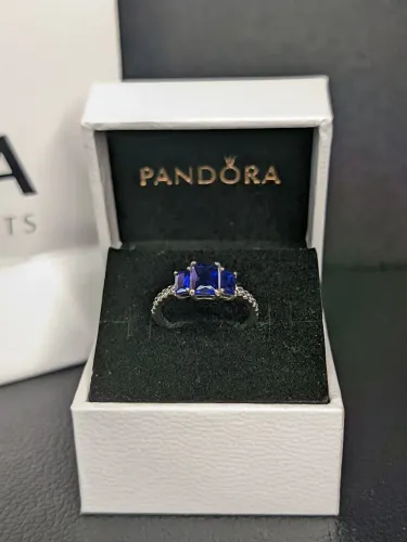 Anel pandora Brilhante Tres Pedras Azul prata 925