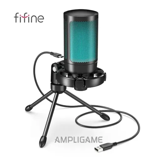 Microfone FIFINE Ampligame A2 com Tripé, Silenciamento por Toque RGB Plug and Play