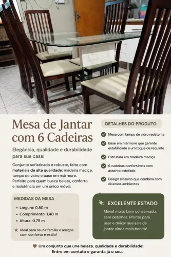 Mesa de jantar retangular - 6 lugares - Marmore e vidro