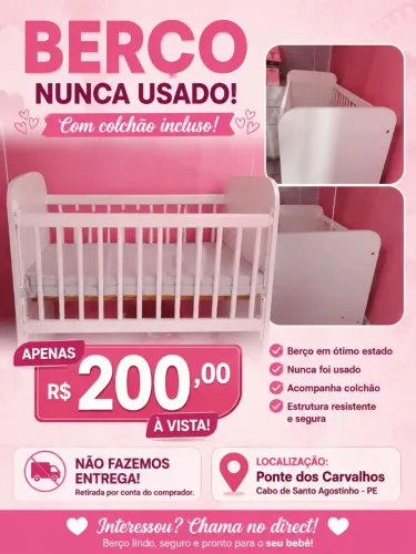 Berço feminino nunca usado na cor branca com colchão incluso.
