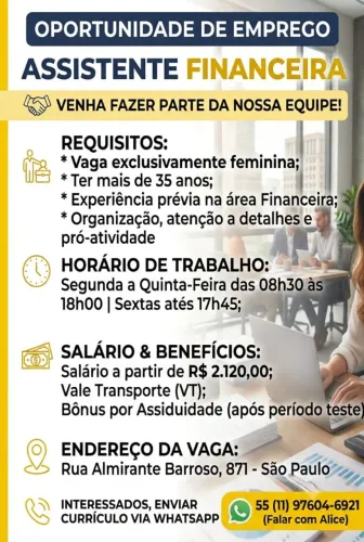 Vaga Financeiro - Mulheres acima de 30 anos