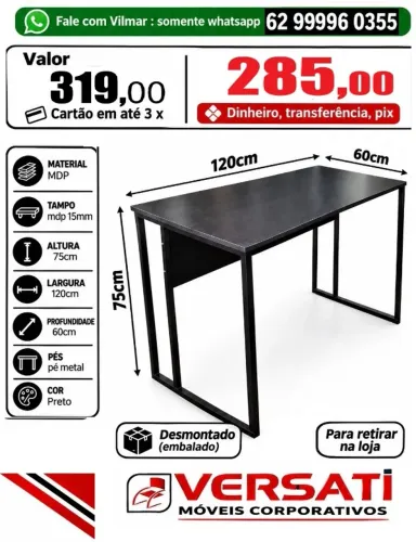 mesa para escritorio 120cm x 60cm mdp pé de metal cor preta ( novo )