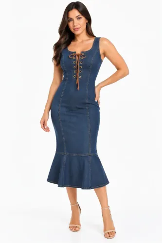 Vestido Jeans Midi Feminino com Detalhe em Amarração P