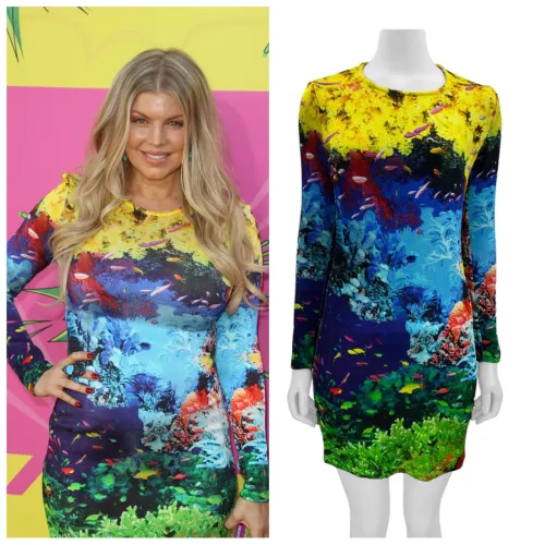 Raríssimo vestido Mary Katrantzou fishtank SS12 usado por Fergie (2010s) estampa digital