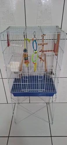 Gaiola para calopsita acompanha os pontinhos e os brinquedos.
