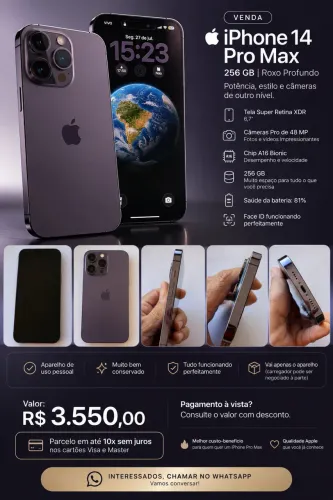 iPhone 14 Pro Max 256GB Roxo Profundo - Muito Conservado - 10x Sem Juros
