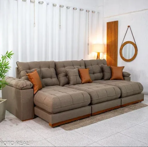 Sofá Retrátil Reclinável Verona 3.20m Linho Marrom - espuma D28 Molas Ensacadas Pillow 30