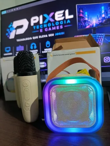CAIXINHA KARAOKÊ BLUETOOTH COM 2 MICROFONES SEM FIO RGB NOVA