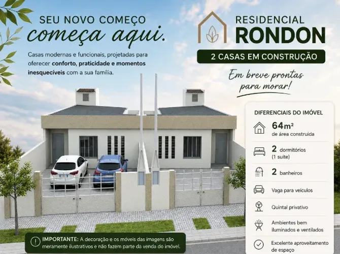 Casas térreas novas em Manduri-SP, 2 quartos (1 suíte)