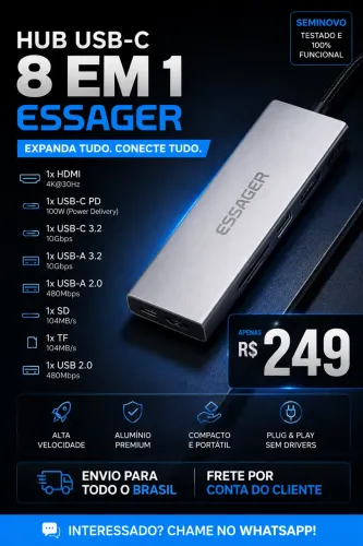 Hub USB-C Essager 8 em 1 HDMI USB 3.2 SD TF 10Gbps Seminovo