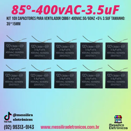 Kit (10 unidades) Capacitores Para Ventilador CBB61 400VAC 3.5uF - 10 Peças
