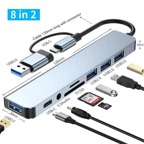Multi-Hub Splitter para Computador, Adaptador USB 3.0 Tipo C, Docking Station, Porta USB 2