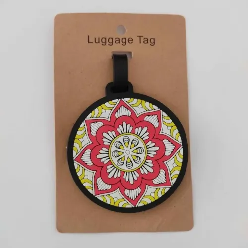 Tag identificador redondo emborrachado de bagagem mala - mandala amarela vermelha