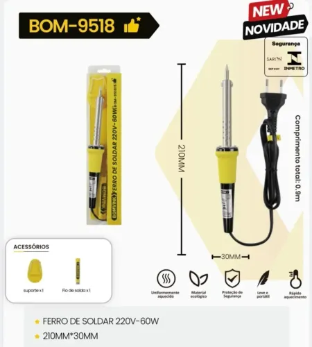 Ferro de Soldar Profissional Bomvink 60W 220V BOM-9518 + Suporte e Estanho