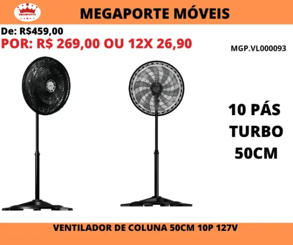 Ventilador de Coluna Turbo 10P 50cm 127V Ventisol 150W