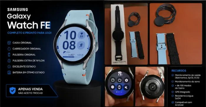 Galaxy Watch FE Completo | Caixa + Carregador + Pulseira Extra