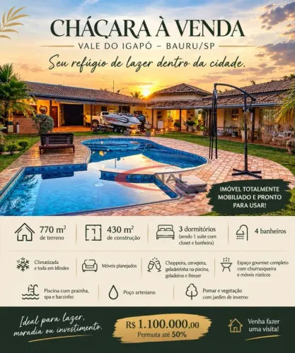 Chácara para venda com 770 m² e 3 quartos em Vale do Igapó, Bauru - SP