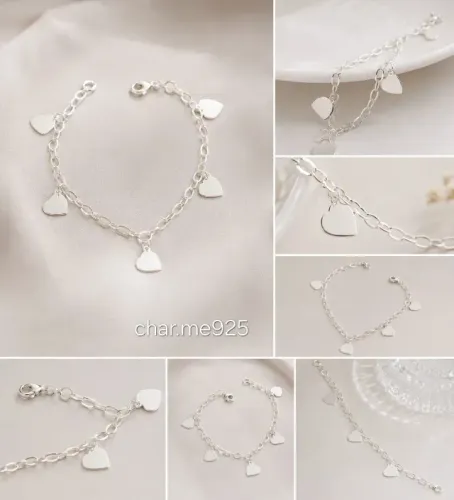  Pulseira Corações Cheios Pendurados em Prata 925
