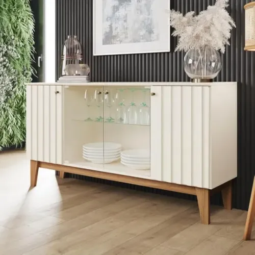 Balcão Buffet 4 Portas 150cm Ripado e Vidro