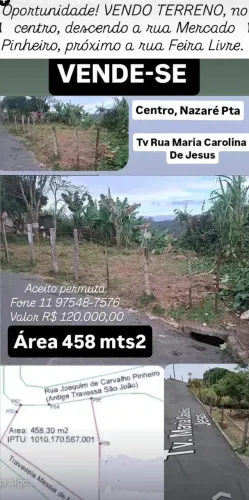 Terreno 458 m2, oportunidade, Centro Nazare Paulista