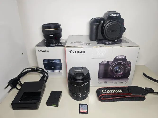 Canon SL3 completa: 18-55mm + 50mm f1.4, 1 bat, carregador, cartão e caixas tudo original!