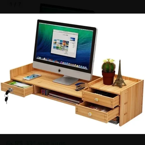Suporte De Monitor De Mesa Com 3 Gavetas E Chave Em Mdf