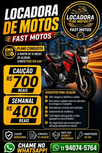 ALUGUEL PARA MOTO DE TRABALHO " PLANO CONQUISTE EM 15 MESES A MOTO É SUA"