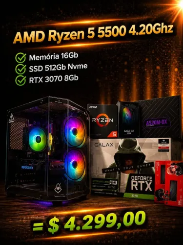 PC Gamer Ryzen 5 5500 4.2Ghz / Mem. 16Gb / SSD 512Gb / RTX 3070 8Gb (aceito cartão)