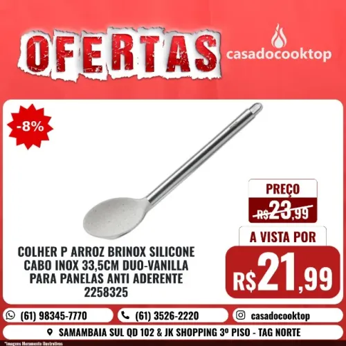 COLHER P/ ARROZ BRINOX SILICONE CABO INOX 33,5CM DUO-VANILLA PARA PANELAS ANTI ADERE