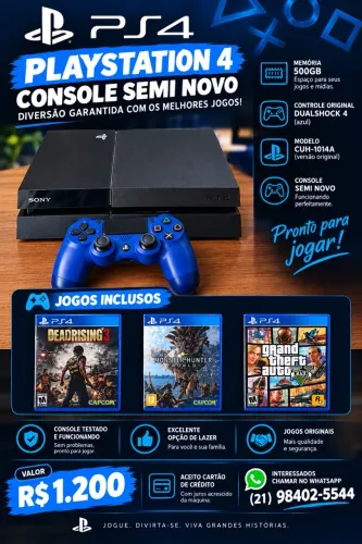 PS4 Fat /500GB com 3 Jogos e Controle DualShock 4