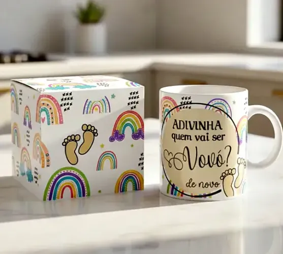 Caneca Revelação Adivinha quem vai ser ....Vovó, Vovô, Titia, Titio... Com caixinha