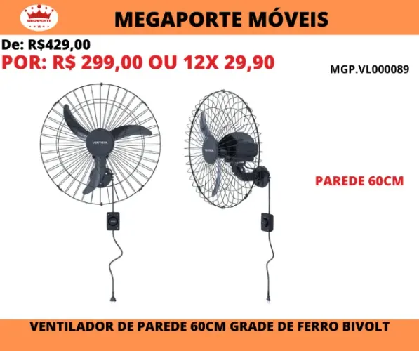 Ventilador de Parede 60cm Grade de Ferro 3P Ventisol Bivolt