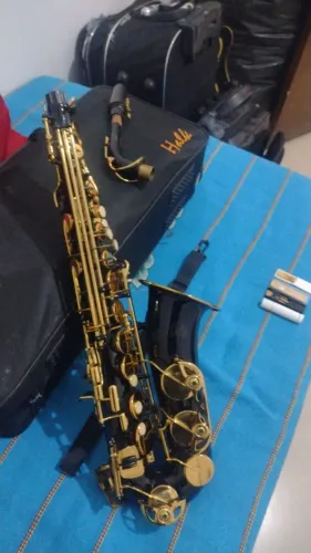 Sax Help Dourado com Preto, Tonalidade mi, boa sonoridade, valor R$ 1500,00
