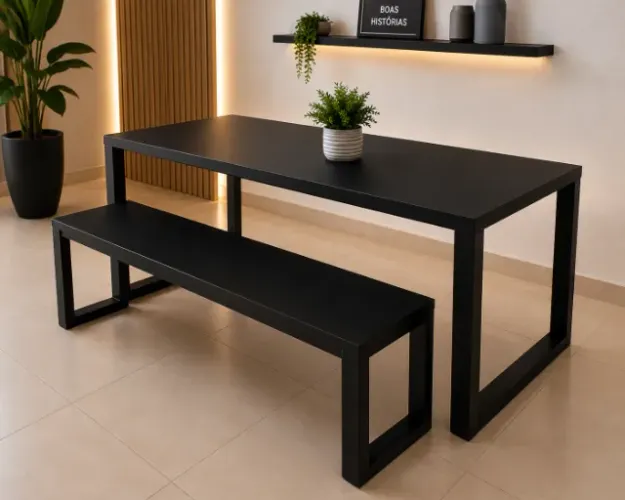 Mesa de Jantar Industrial com 2 Bancos | Estrutura em Metalon Reforçado | FL Decor