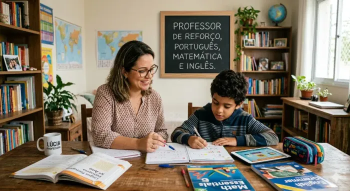 Dou aula de reforço de inglês, português e matemática.