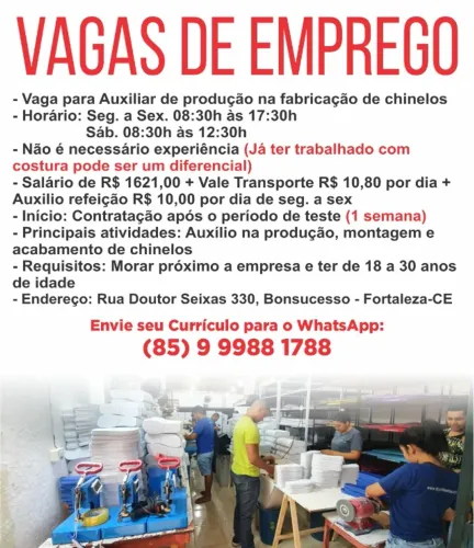 Vaga de Emprego Auxiliar de Produção em Fabricação de Chinelos