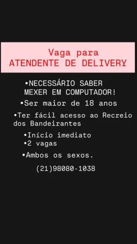 ATENDENTE DELIVERY RECREIO DOS BANDEIRANTES